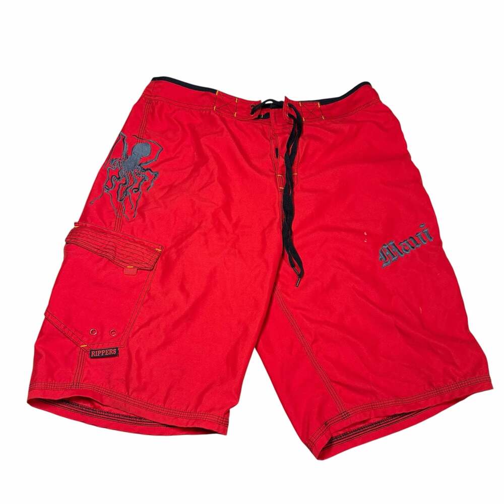 Maui Rippers Red Board Shorts Swim Trunks with Octopus Graphic Size 33